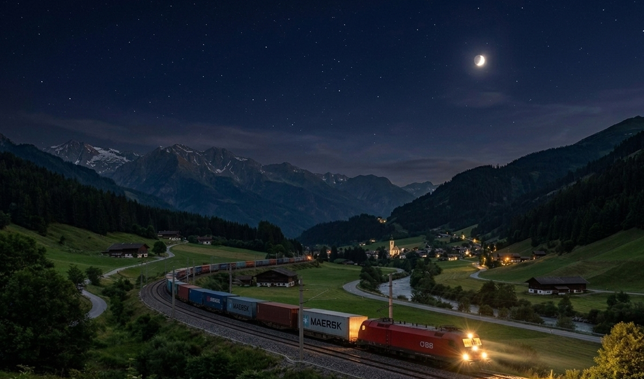 Freight train passing an Alpine village at dusk