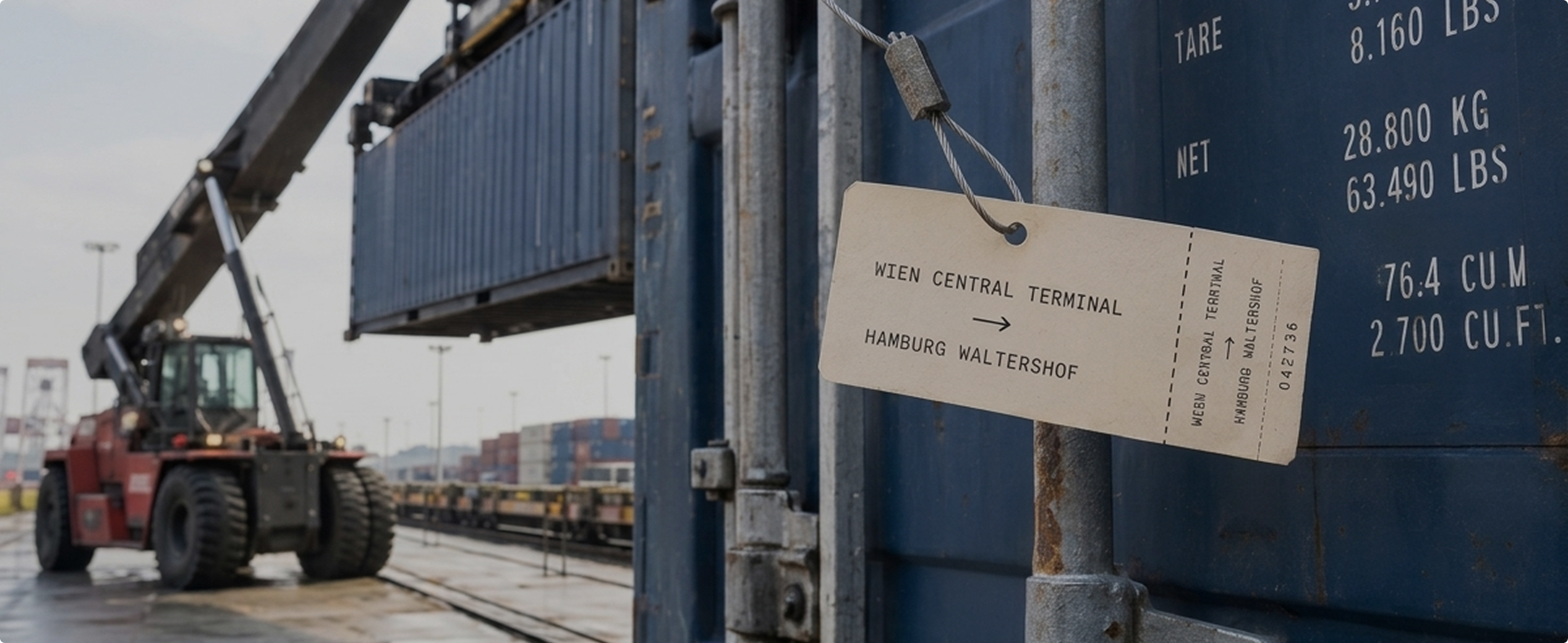 Shipping container with a luggage-style tag: Wien Central Terminal to Hamburg Waltershof