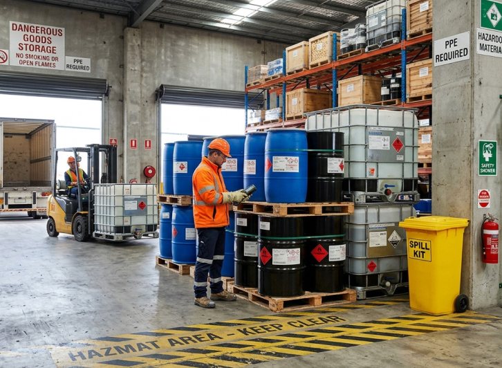 Dangerous goods storage with drums and IBC containers