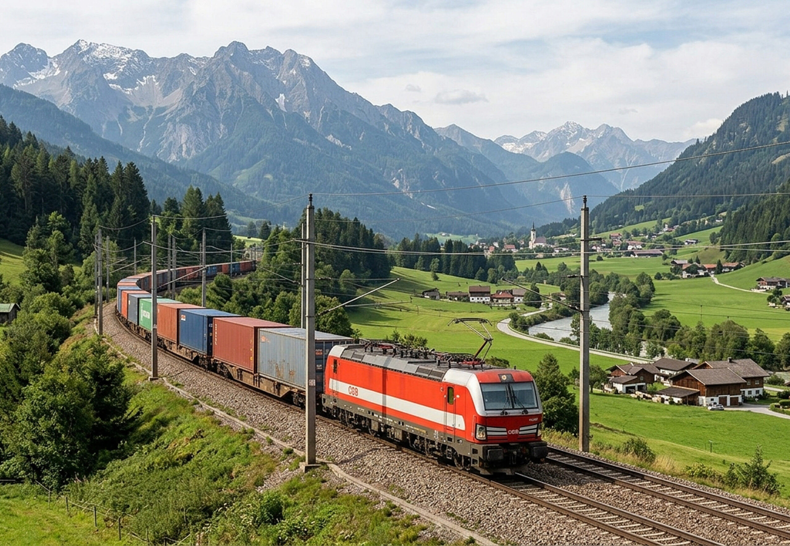 Container train passing an Alpine village