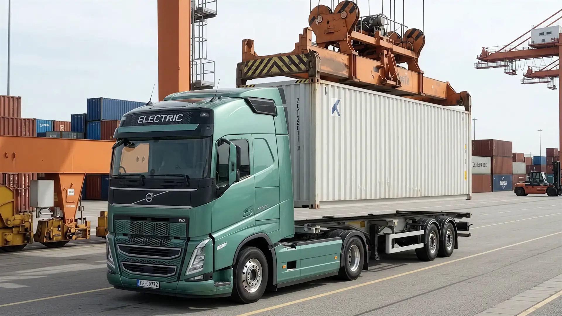 Gantry crane lowering a container onto an electric truck at a port