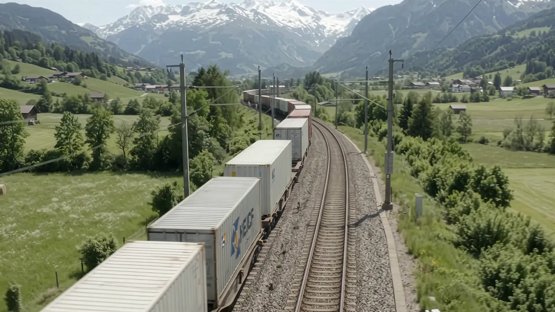 Container train running through an Alpine valley