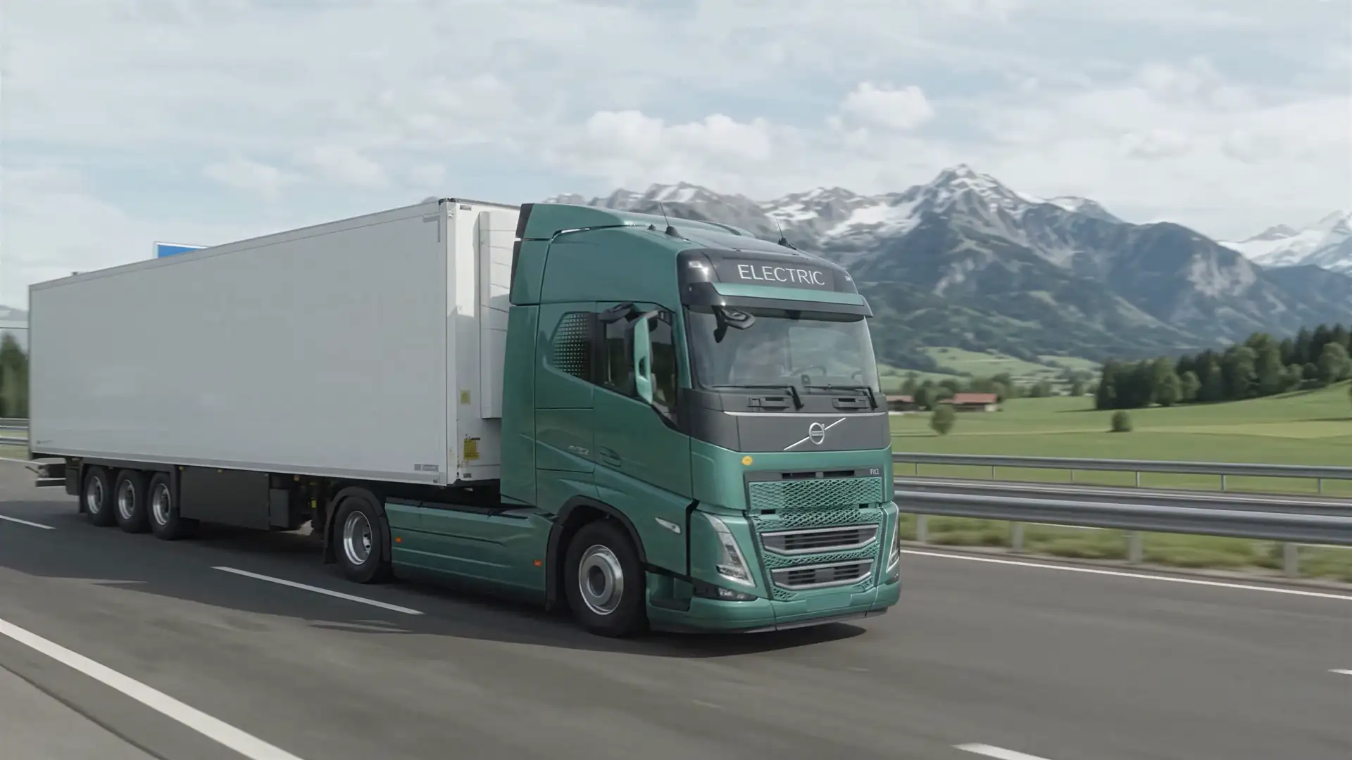 Electric truck with a trailer on an Alpine motorway